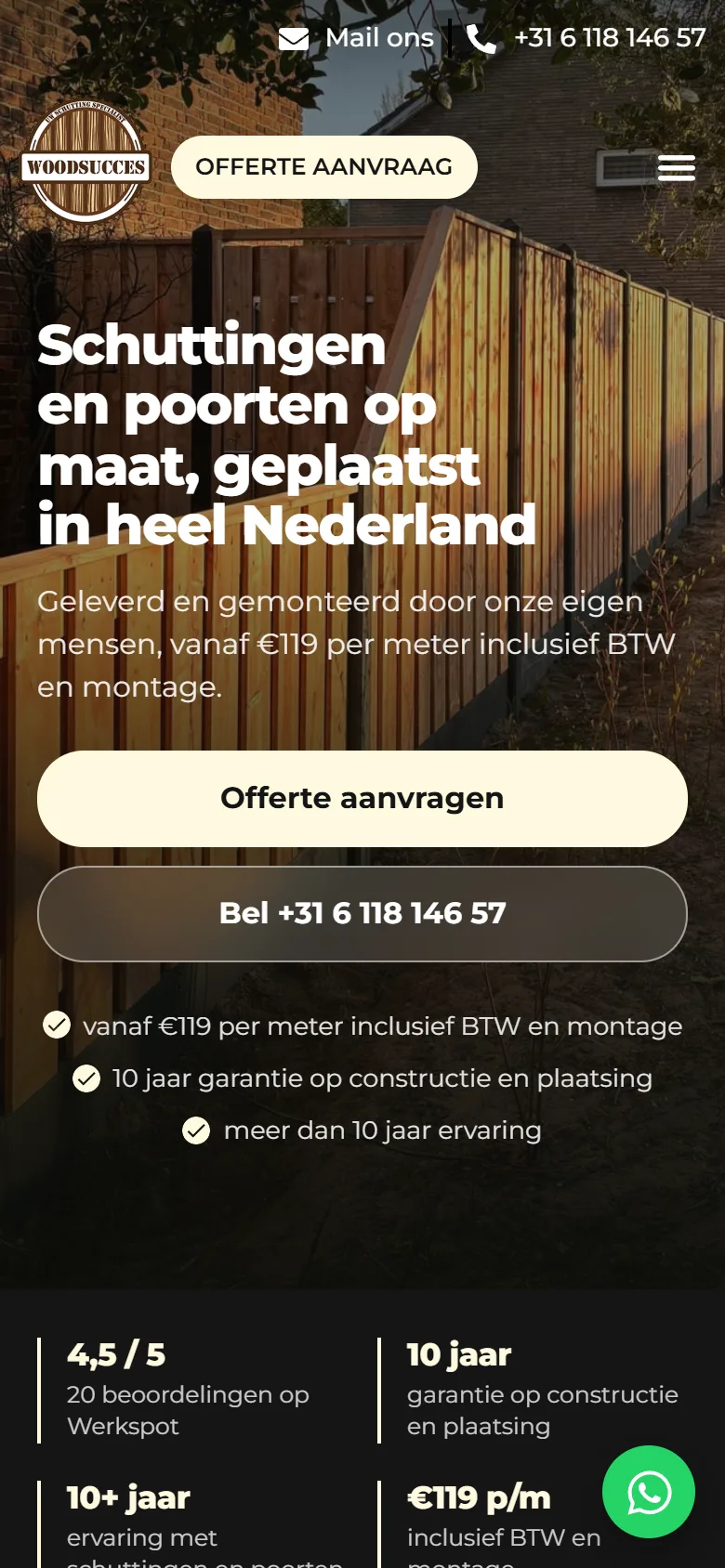 Woodsucces, de bovenkant van de homepage, na de optimalisatie