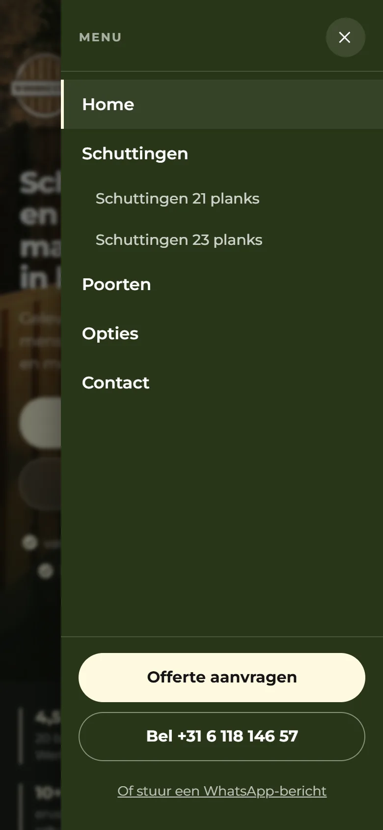 Woodsucces, het menu op een telefoon, na de optimalisatie