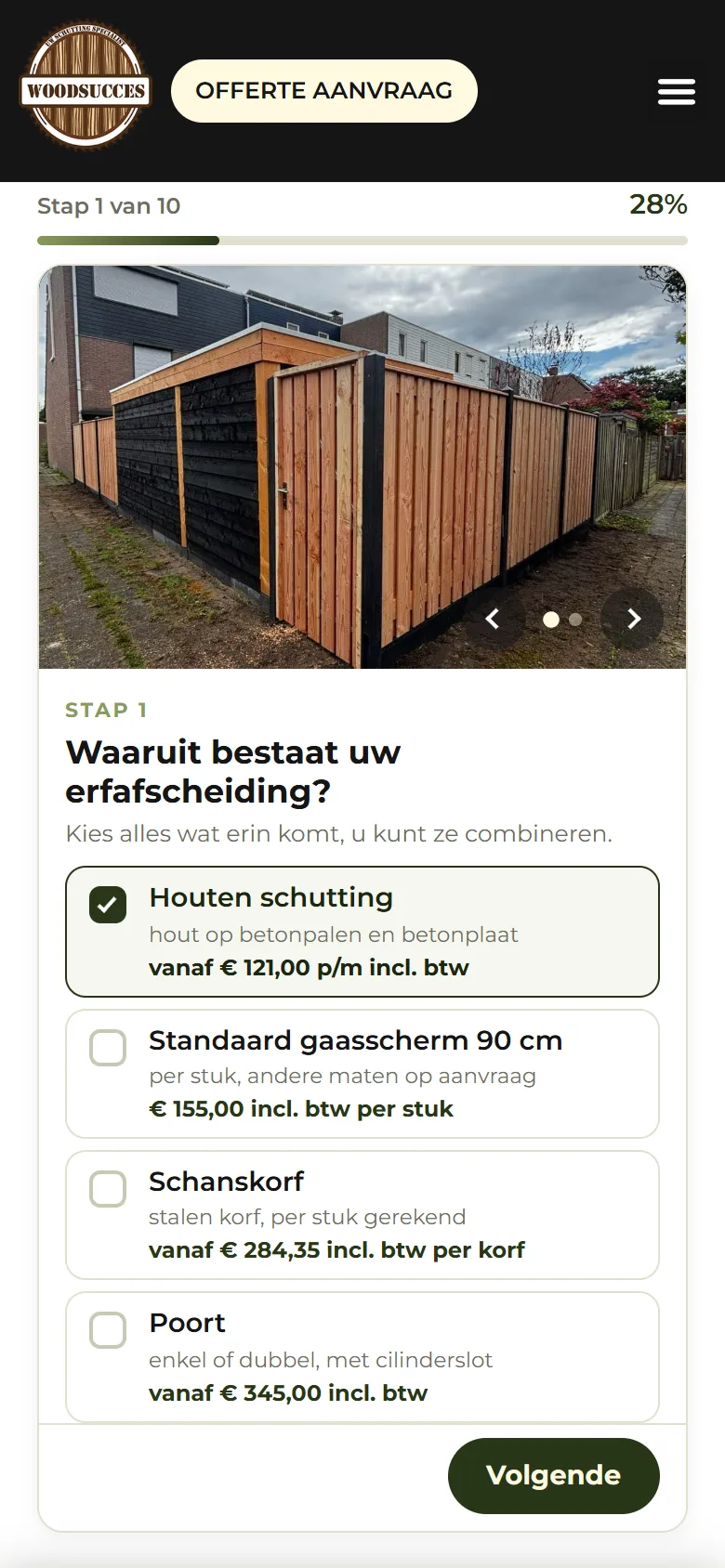 Woodsucces, de offertepagina als configurator, na de optimalisatie