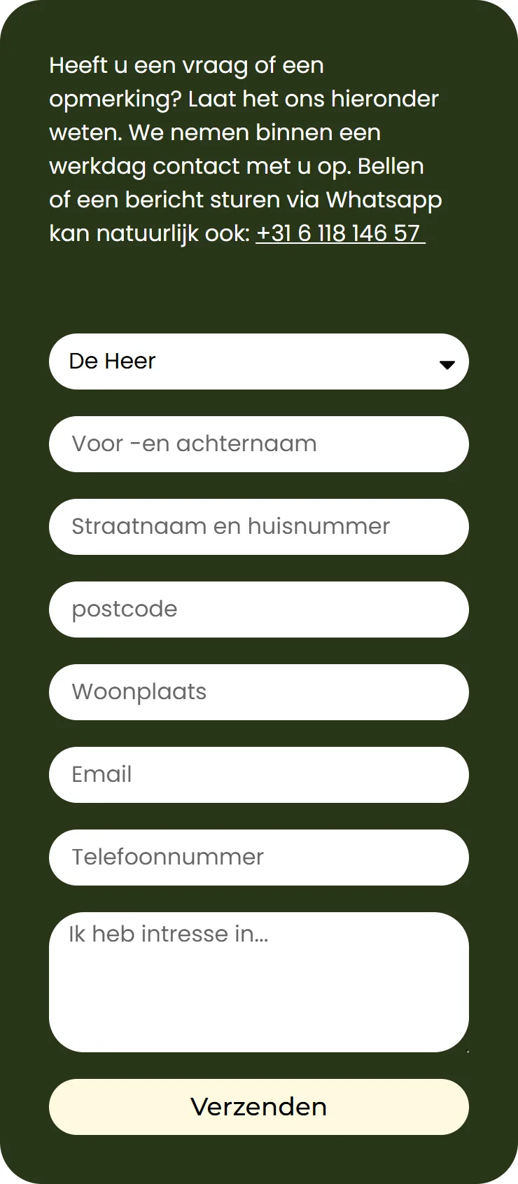Woodsucces, het oude contactformulier op de offertepagina